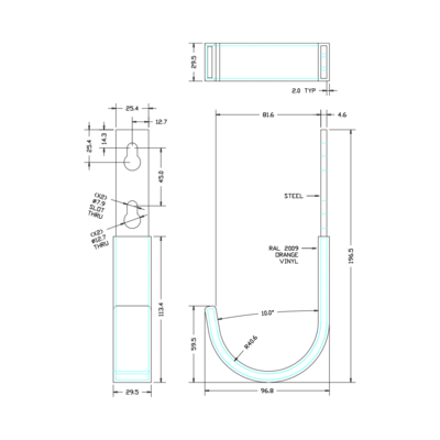 71-610-1 MODULAR SOLUTIONS ORANGE VINYL COATED HOOK, STANDARD HARDWARE INCLUDED
